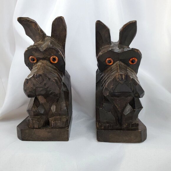 VTG Hand Carved Solid Wood Bookends Terrier Scottie Dog or Westie Dog  Japan - Picture 1 of 14